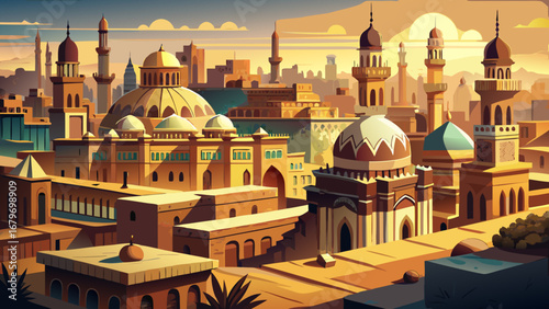 Historic Cairo, Egypt, spreads domes, minarets, and narrow alleyways across the skyline. Golden haze above limestone facades; semi-realistic flat vector stressing ornate silhouettes, calm light, and 
