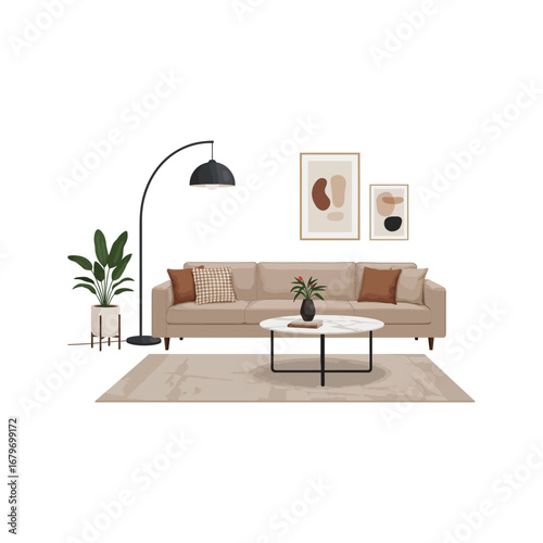 Contemporary interior design with modern living room furniture, sofa, and comfortable home decor