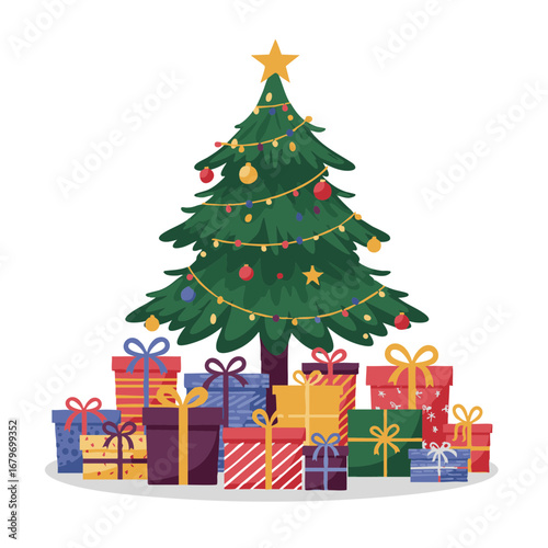 Colorful Christmas gifts with ribbons under pine tree flat vector