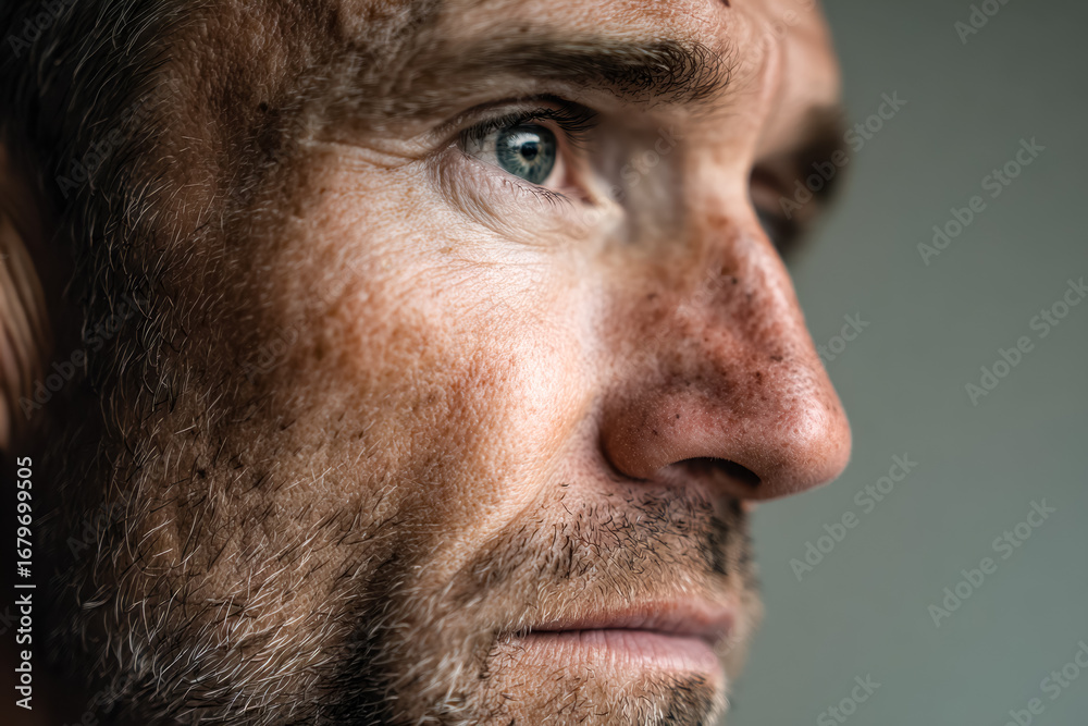 Obraz premium Close-up of a contemplative man's face highlighting detailed facial features and blue eye