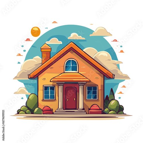 Cute cartoon house illustration with a sunny sky and clouds a cozy family home for real estate concepts