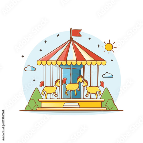 Whimsical cartoon carousel with bright horses and a striped tent roof fun fair illustration for kids