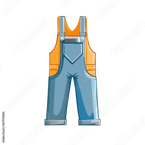 Cartoon illustration of blue overalls with orange bib and straps, utility workwear garment