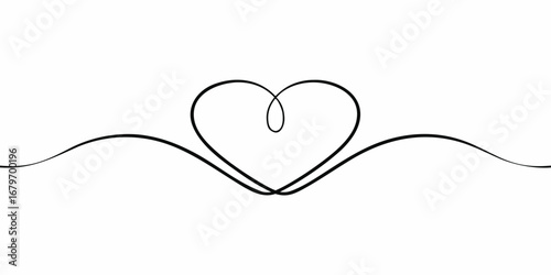 Elegant single line drawing of a heart shape with flowing curves on a white background