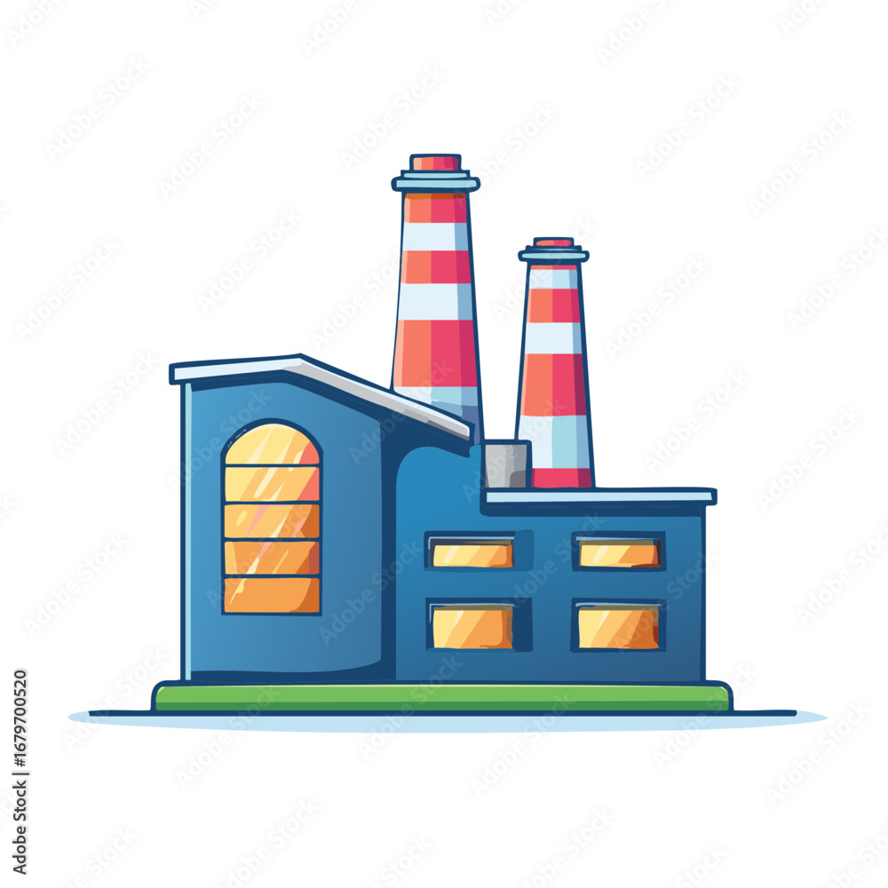 Fototapeta premium Industrial factory building with striped smokestacks cartoon vector illustration