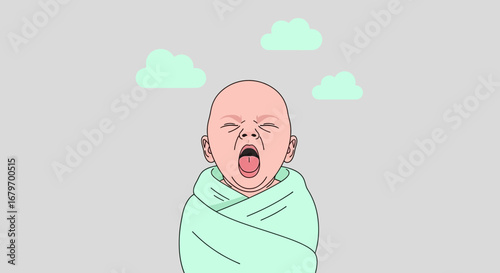 Cute Yawning Baby Design With Cloudy Sky Background, Perfect Nursery Art Concept