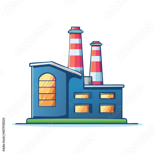 Industrial factory building with striped smokestacks cartoon vector illustration