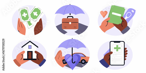 Collection of flat design icons representing different types of insurance and financial protection services