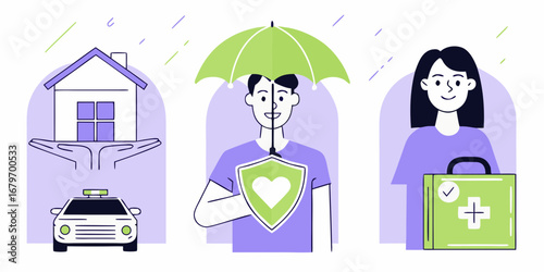 Diverse people protected by insurance covering home health and auto needs