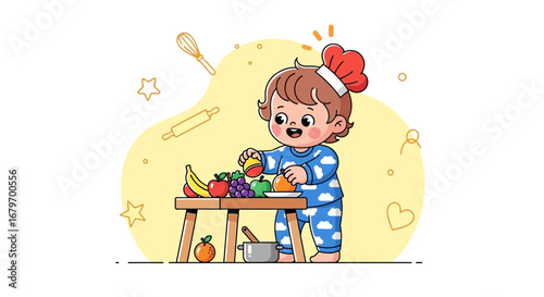 Delightful Little Chef Adorably Arranging Culinary Elements In Whimsical Kitchen Scene