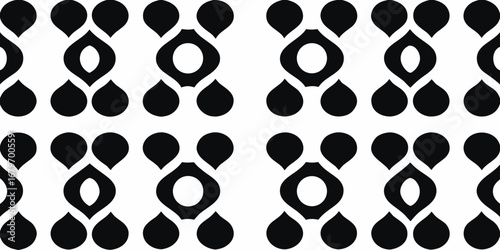 Abstract seamless pattern with repeating black teardrop and oval shapes on white background