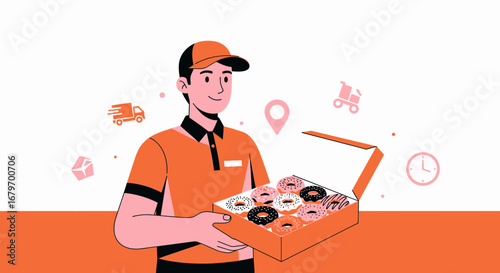 Delivery man holding a box of donuts with delivery icons and illustrations