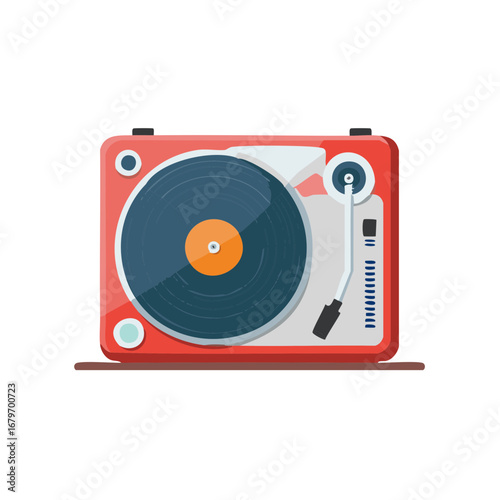 Red retro turntable with vinyl record playing music flat vector illustration