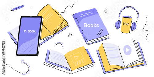 Digital and traditional reading materials including e books audiobooks and physical books for learning and entertainment