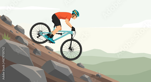 Cycling Athlete Navigating Challenging Terrain: Mountain Biking Downhill Illustration