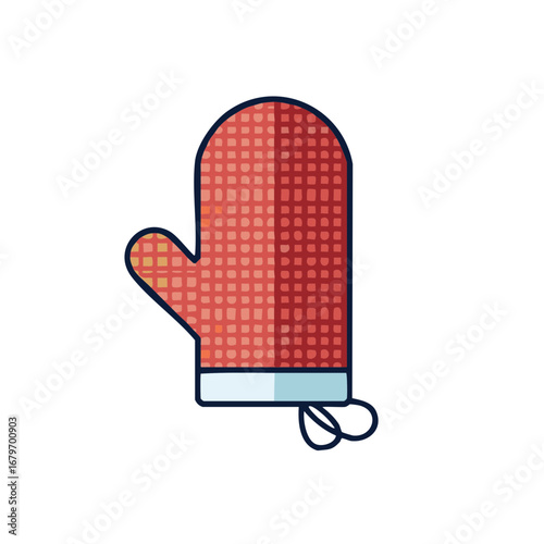 Isolated illustration of a red oven mitt with blue and black accents.