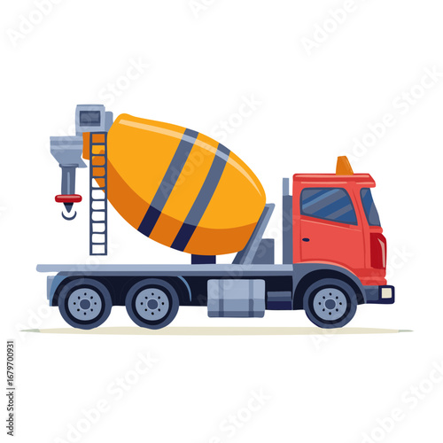 Illustration of a red and yellow concrete mixer truck, construction vehicle