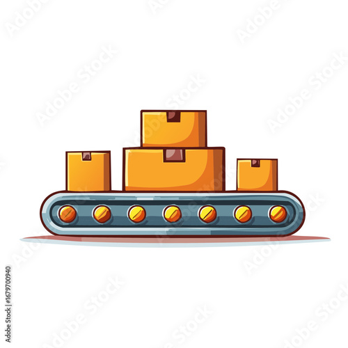 Automated factory conveyor belt with cardboard boxes moving for shipping logistics and order fulfillment illustration