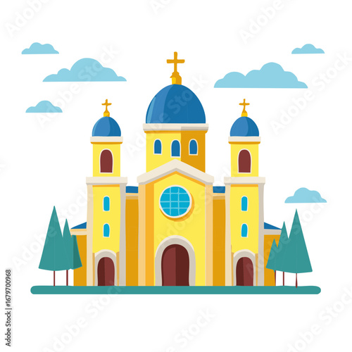 Cartoon Orthodox Church with Golden Cross Topped Dome and Clouds Illustration