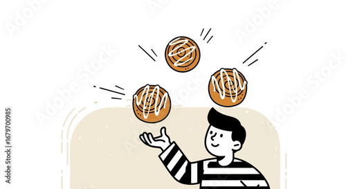 Dexterous Individual Juggling Delicious Cinnamon Rolls with Delightful Precision