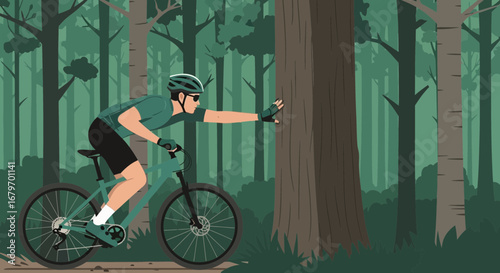 Cycling Through The Forest: A Biker Pauses To Touch A Tree During A Trail Ride