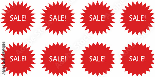 Eight red starburst sale signs with white text on a white background