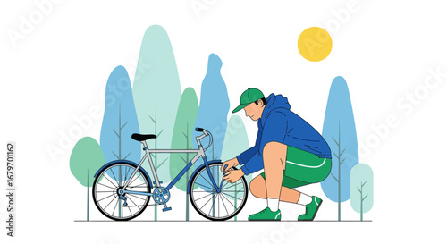 Cyclist Addressing Bike Issues Amidst Serene Park Backdrop During Golden Hour