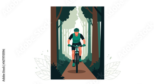 Cyclist Adventure In The Forest: Cycling Through A Tranquil Wooded Trail Scene
