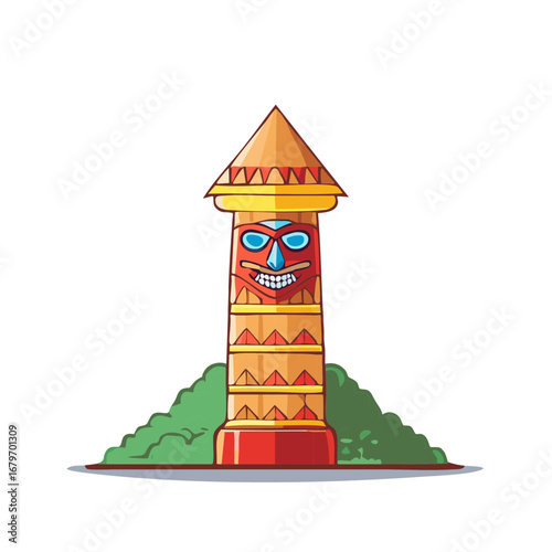 Colorful traditional totem pole with geometric patterns and a smiling face standing among stylized greenery