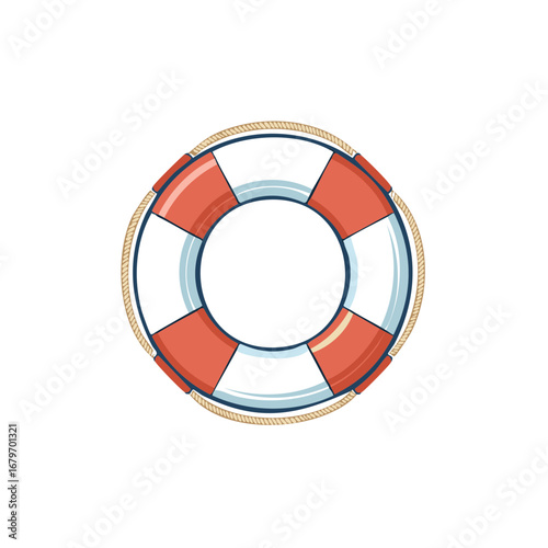 Classic Red and White Lifebuoy Ring with Rope for Water Safety and Nautical Design Elements