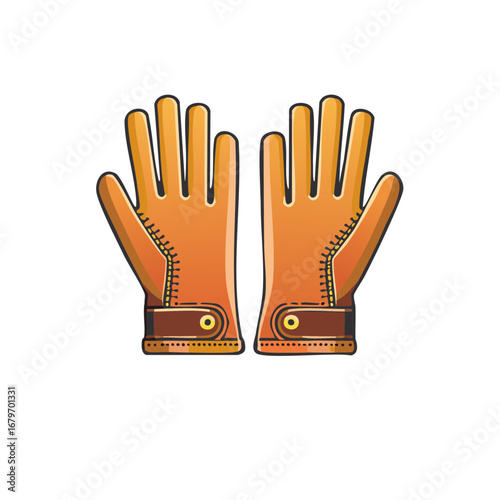Orange and brown leather gloves with stitching isolated on a white background
