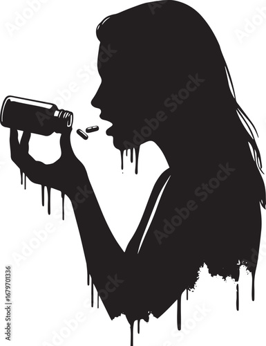 Silhouette of woman taking pills with dripping effect on white b