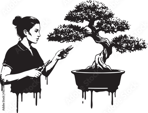 Elegant Woman Trimming Bonsai Tree Black and White Graphic Illus
