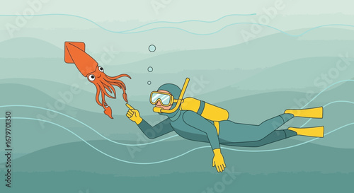 Diver And Squid Encounter Undersea: An Animated Illustration of Marine Exploration
