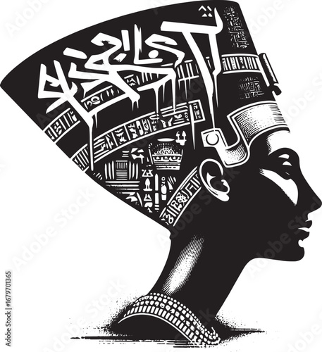 Intricate Black and White Graphic Design of Nefertiti with Graffiti-Style Art on Headdress