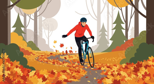 Cyclist Biking Through Autumnal Forest, Energetic And Joyful Recreation In Nature