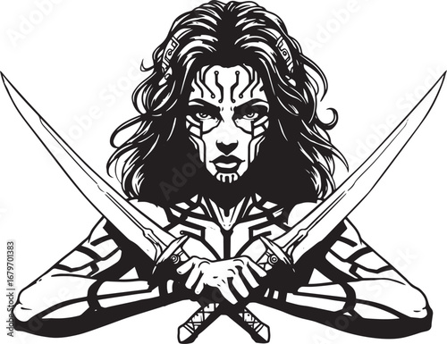 Warrior woman with circuit patterns and crossed swords, monochro
