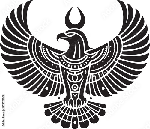 A stylized black and white illustration of the egyptian god Horus with spread wings and detail