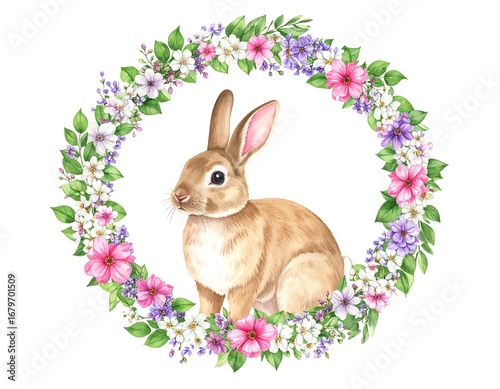 Cute rabbit in a floral wreath