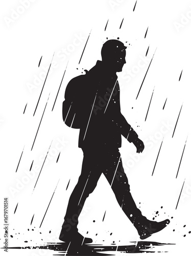 Solitary walk in the rain, monochrome illustration of resilience
