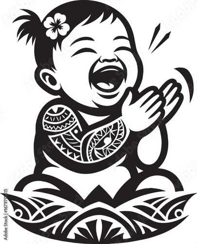 Joyful baby laughing and clapping hands with tribal tattoos vector illustration design