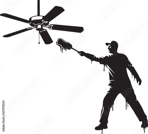 Silhouette of a man diligently cleaning a ceiling fan with a dus