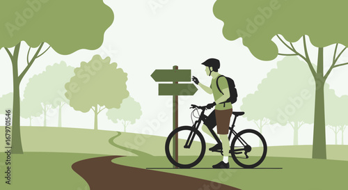 Cyclist Checking Direction at Signpost on Mountain Bike Trail in Nature