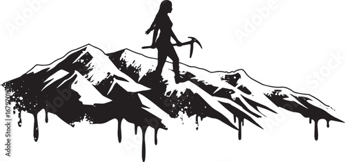 Silhouette of a mountaineer woman traversing a rugged mountain l