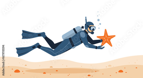 Diver Collecting Orange Starfish While Exploring Underwater Ocean Environment