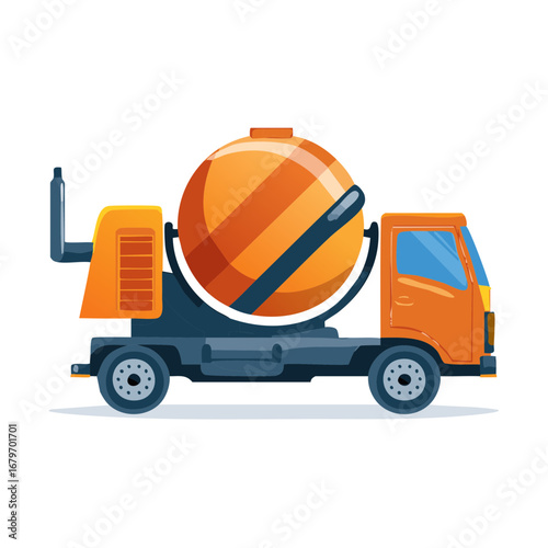 Bright orange cement mixer truck with a rotating drum for construction work