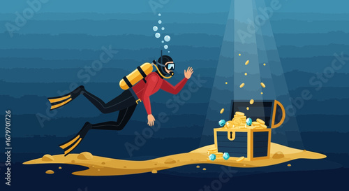 Diver Discovering Hidden Treasure Chest In The Deep Ocean With Golden Coins