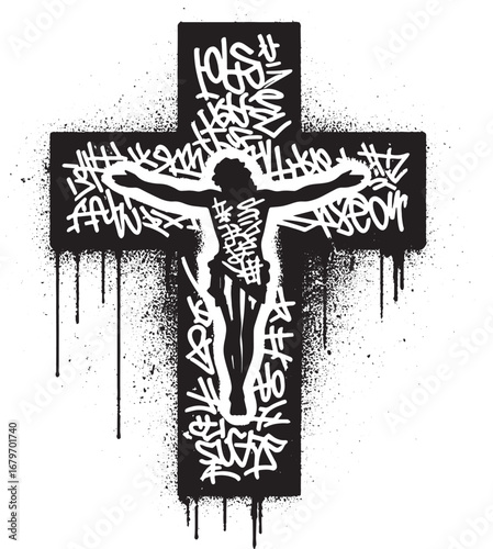 Artwork depicting the crucifixion of jesus christ with graffiti style and religious concept design
