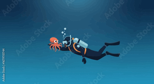 Diver Discovering Marine Life Underwater With A Cute Octopus, Exploring Deep Oceans
