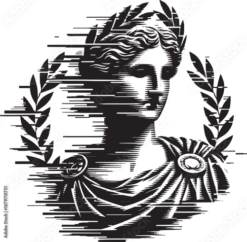 Artistic black and white illustration of a classical bust with laurel wreath and drapery